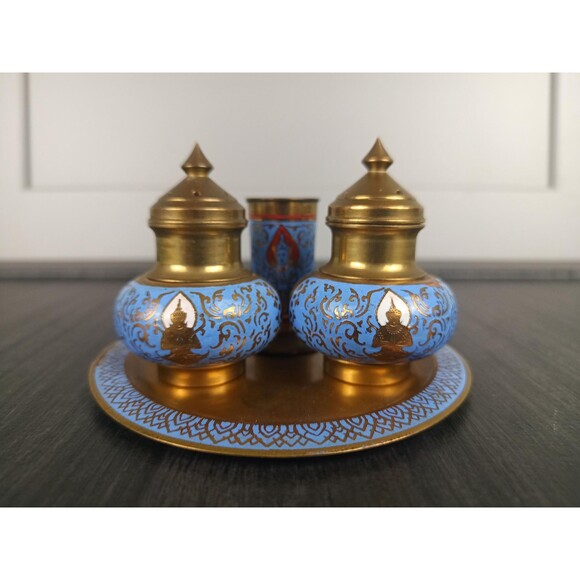 Brass Salt Pepper Shaker Toothpick Holder Tray Etched And Decorated With Enamel - Picture 6 of 10